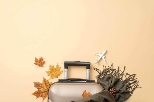 istock Autumn wanderlust begins here. High-angle shot featuring a gray suitcase, maple leaves, a comfortable cashmere scarf on beige isolated background, ready for your advertising or textual input 1719213618