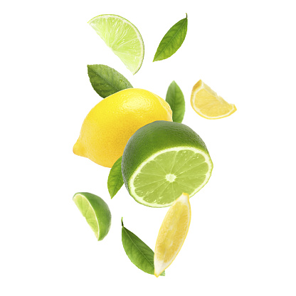 Fresh juicy citrus fruits and green leaves falling on white background