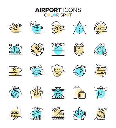 Enhance your travel and aviation projects with this comprehensive airport icon set, featuring 25 meticulously designed icons. Perfect for travel agencies, aviation enthusiasts, and app developers, this collection includes icons representing airport facilities, transportation, luggage, and more. Elevate your visuals and effectively convey the excitement of air travel with this carefully curated set of icons.