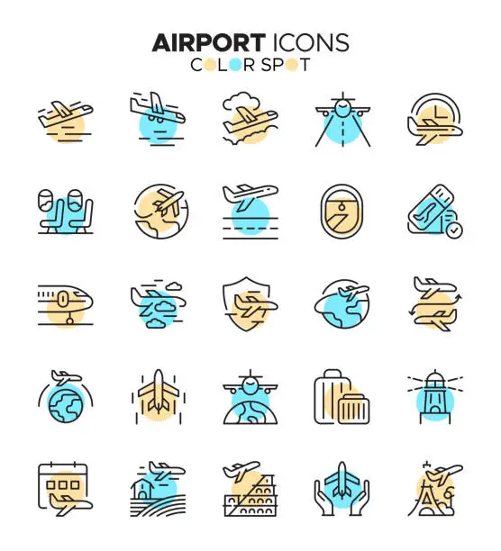 Vector illustration of Airport - Thin Line Vector Color Spot Icon Set - Pixel Perfect, Editable Stroke - Airplane, Passenger, Air Vehicle, Travel Check-in, Air Stewardess, Tourism