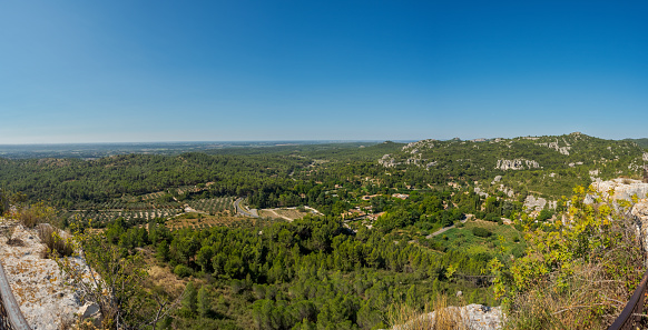 Panorama of the countryside seen on the Alpilles massif. Leases of Provence, Bouches-du-Rhône, France