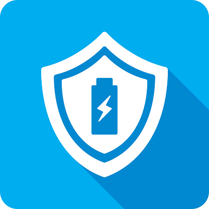 Vector illustration of a shield and battery with lightning bolt icon against a blue background in flat style.