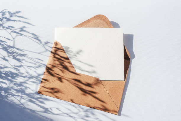 istock Envelope with blank card and flowers shadow on light blue background. Top view, flat lay, mockup 1719235144