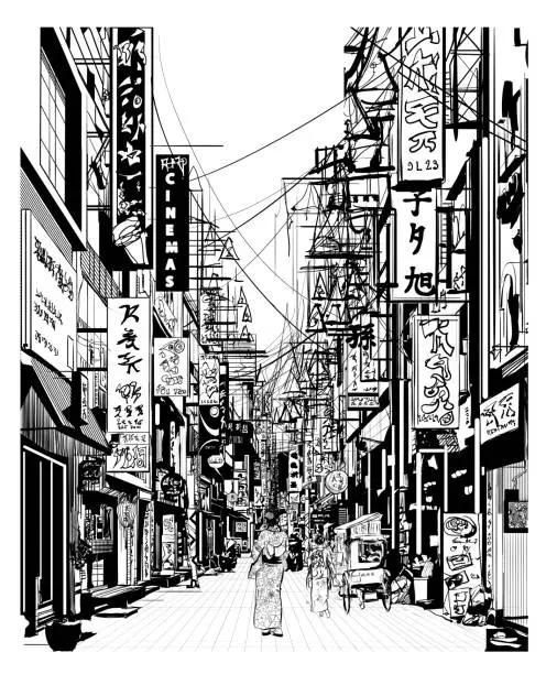 Vector illustration of Black and white drawing of a street in Japan