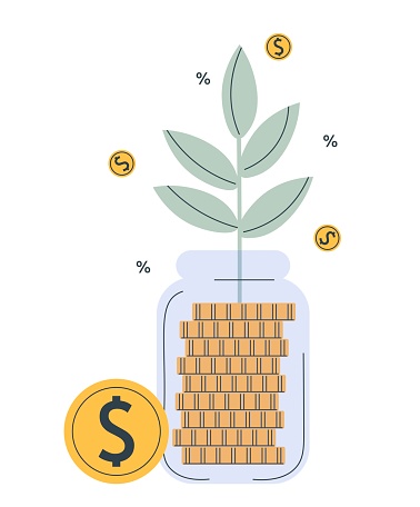 Profit growth or increased revenue. Financial education. Growing investment or donation. Financial concept. Budget or fund. Financial management. Bank deposit. Money plant. Glass jar full gold coins.