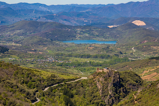panoramic view of the Cornatel castle and the Carucedo lake. El Bierzo. Leon