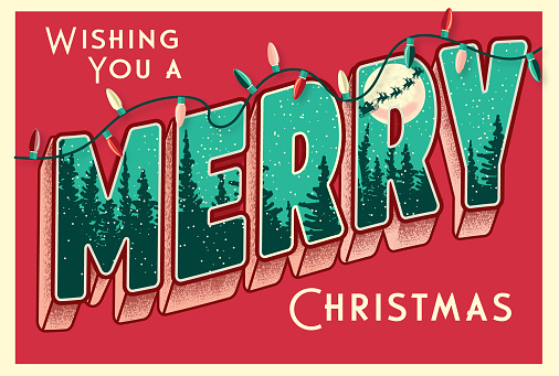 Vector illustration of a Wishing you a Merry Christmas greeting design in vintage postcard lettering style with detailed Holiday scene in each letter. Santa and reindeer sleigh in winter night landscape sky. String of Christmas Lights. Fully editable vector eps and high resolution jpg in download.