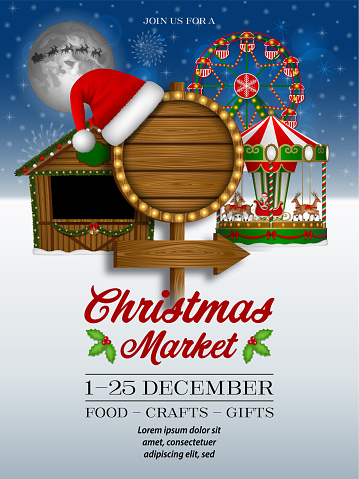 christmas market poster with wooden signboard and santa claus hat oh winter landscape vector