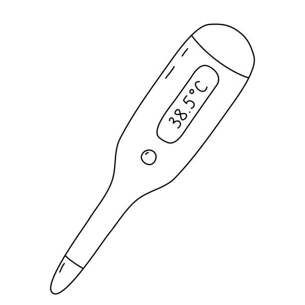 illustrations, cliparts, dessins animés et icônes de thermomètre numérique avec résultats à haute température, contour vectoriel de style griffonnage pour livre de coloriage - thermometer cold fever focus