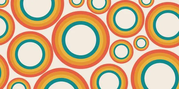 Vector illustration of Groovy abstract background with rainbow colored circles.