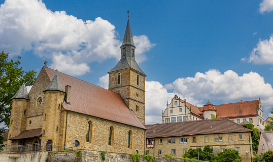 beautiful view on historic Protestant Sebastianskirche and Greckenschloss in Kochendorf, Bad Friedrichshall in southern germany