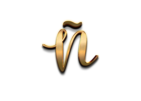Gold 3D – letter Ñ of the alphabet in capital letters on isolated white background.