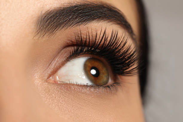istock Beautiful young woman with long eyelashes on light background, closeup 1719334509
