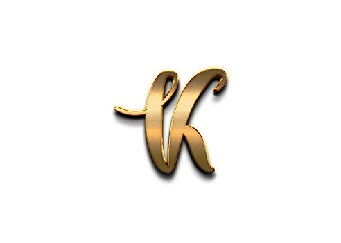 Gold 3D – letter K of the alphabet in capital letters on isolated white background.