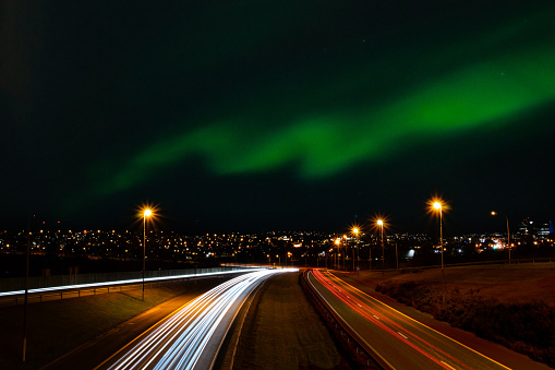 Reykjavik night street long exposure with northern light