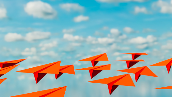 3d illustration of paper airplanes flying through the endless blue sky, equity and team theme, horizontal image