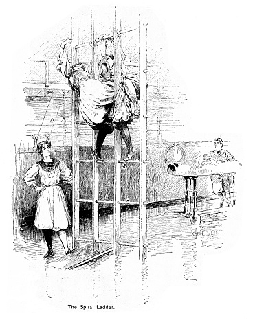 Female students exercise by climbing a spiral ladder during gym class in a school gymnasium.. Victorian. Illustration published 1896. Original edition is from my own archives. Copyright has expired and is in Public Domain.