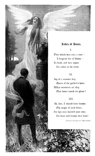 A man is in a cemetery with an angel and contemplates his dead lover, and how he can still feel her kiss. Poem. Illustration engraving published 1896. The edition is in my private collection. Copyright is in public domain.