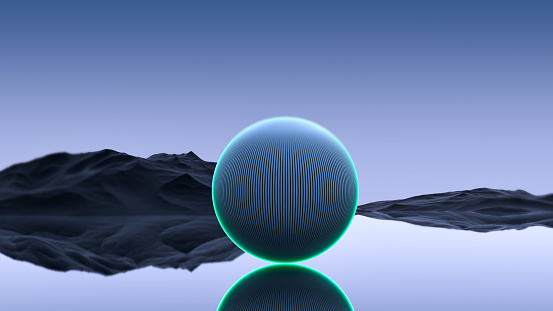 Metal ball, sphere with a green, aquamarine neon luminous shell. Abstract landscape ball on the water. Fantasy, futuristic landscape with ball, wallpaper. 3D render