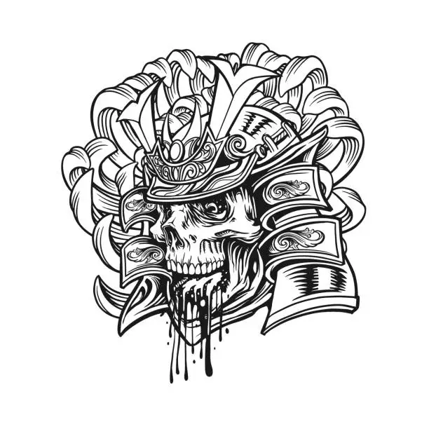 Vector illustration of Monster skull samurai ornate warrior helmet outline