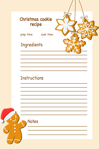 Empty template card for Christmas cookie recipe with cute gingerbread man character, vector illustration