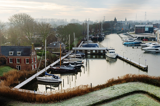 Winter Morning View of Boat Yard in Muiden Netherlands