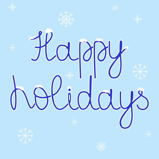 istock Happy holidays handwriting lettering with snowflakes on blue background, vector greeting card 1719414838