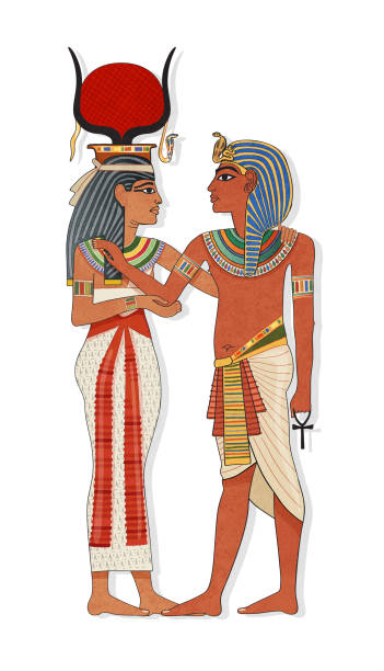 ilustraciones, imágenes clip art, dibujos animados e iconos de stock de faraón con la reina egipcia isis ilustración - traje de reina egipcia