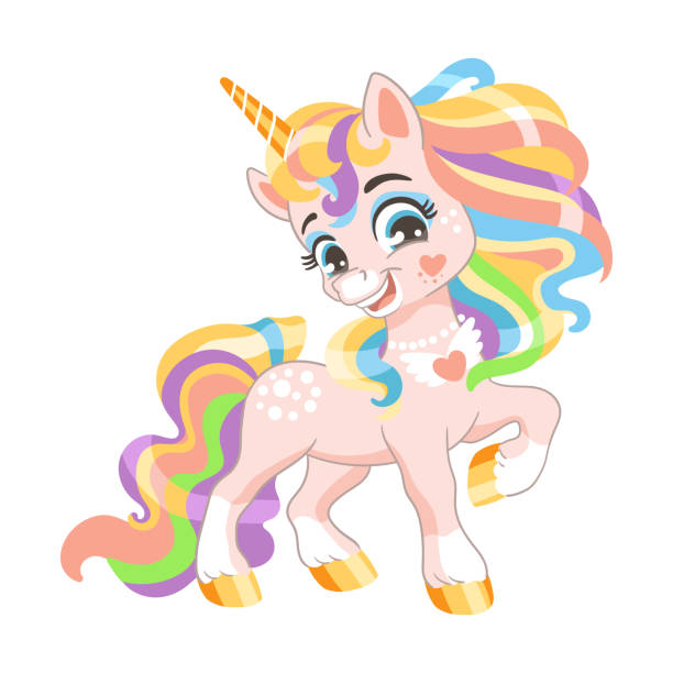 Cute lovely cartoon character pink unicorn vector Cute cartoon character happy pink unicorn with rainbow mane and tail. Vector illustration isolated on a white background. Magic unicorn. For print, design, poster, sticker, card, kids clothes, decor disney character free background stock illustrations