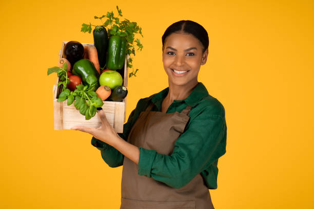 istock Black Woman Showing Harvest Holding Box With Vegetables, Studio Shot 1719466228