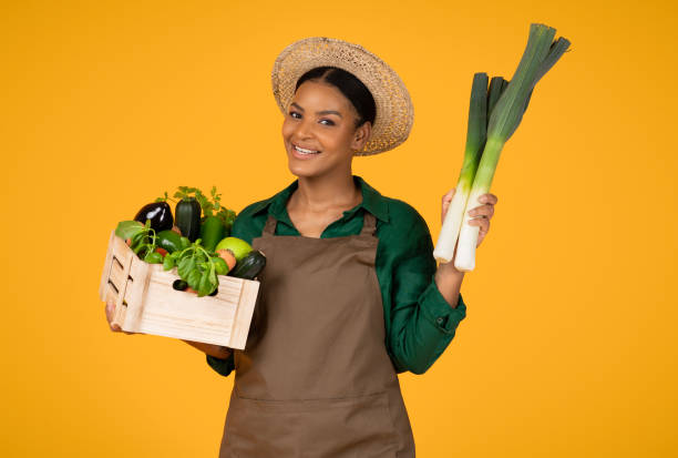 istock Black Lady Holding Leek And Box With Vegetables, Yellow Background 1719466229