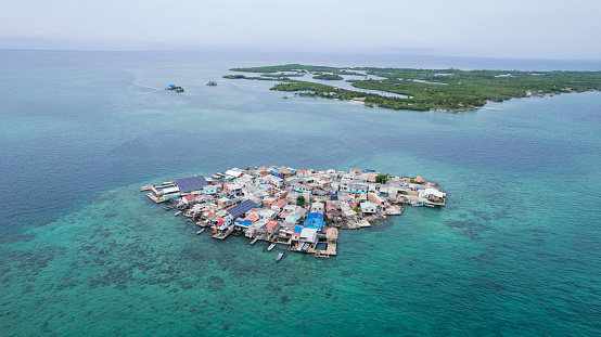 Aerial view of hotels along the coast of the Cayman Islands.  RM