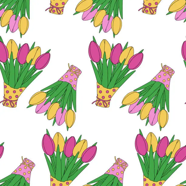 Vector illustration of Abstract seamless pattern of spring tulip bouquets in multi colored wrapping paper in trendy shades