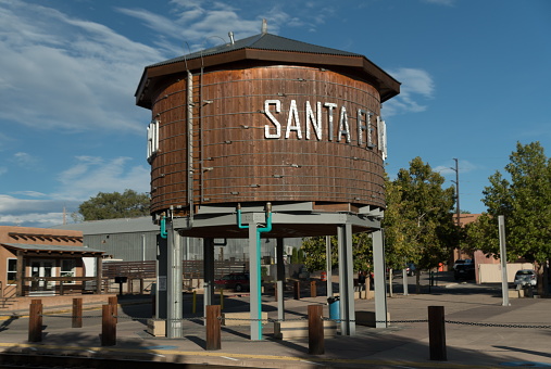 Summer evening at Santa Fe Railyard under bright blue sky, Santa Fe, New Mexico