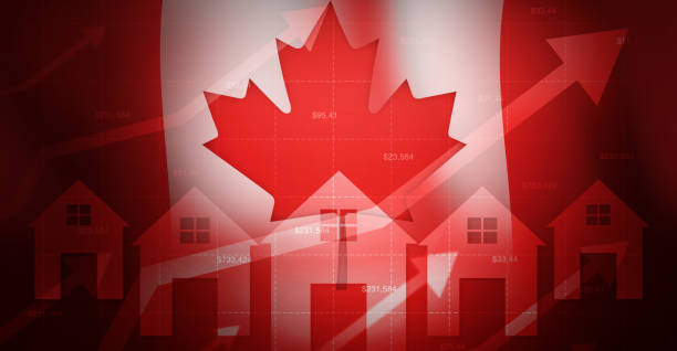 istock Property crash in Canada with sky rocketing prices and waving flag in the backdrop. Arrows showing property market crash in Canada, background design 1719521336