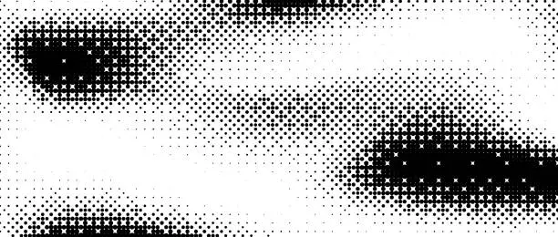 Vector illustration of Pixelated bitmap gradient texture. Black and white wavy dither pattern background. Abstract glitchy pattern. 8 bit video game screen wallpaper. Wide pixel art retro illustration. Vector