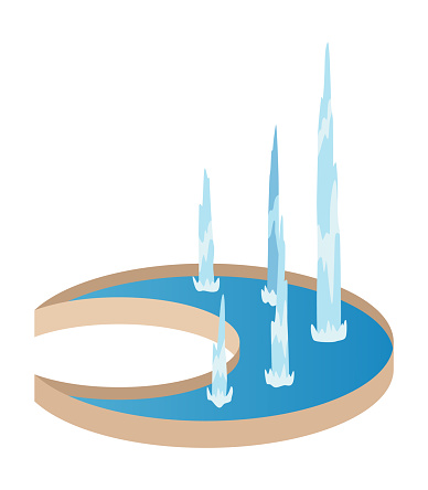 Isometric fountain icon for outdoor park. Modern architecture decor symbol with splashing drops. Vector city infographic with water decoration elements.