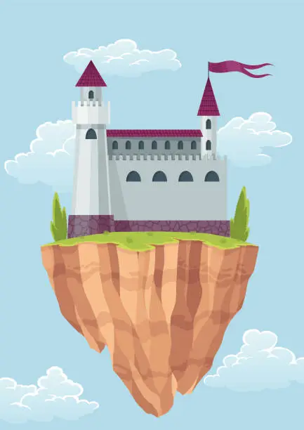 Vector illustration of Flying island fairy tale castle. Cartoon fantasy palace with towers, vector medieval fort or fortress. Fairy tale kingdom house building in sky