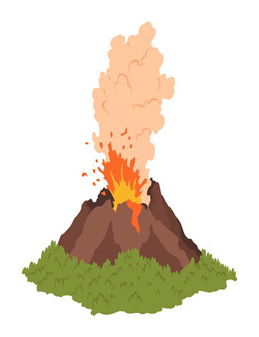 Volcano icon. Magma nature blowing up with smoke. An awakened vulcan activity fire and smoke element. Volcano eruption. Flat cartoon vector isolated illustration.