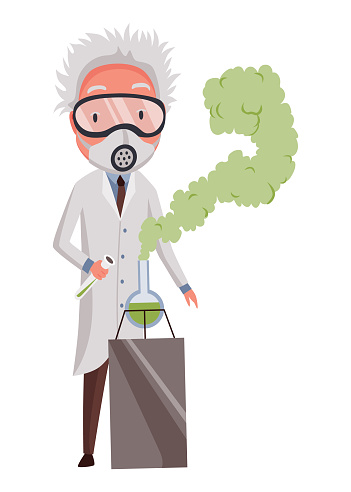 Old scientist doing research. Funny moustached character wearing glasses and lab coat. Discovery in science. Vector illustration in cartoon style.
