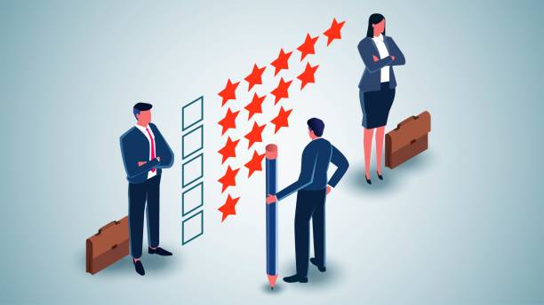 ilustraciones, imágenes clip art, dibujos animados e iconos de stock de selección de los mejores empleados, calificaciones, evaluaciones de desempeño del programa de empleados, comentarios de satisfacción del cliente, contratación y selección de empleados, gerente sosteniendo un lápiz para evaluar y calificar a dos emple - evaluación del desempeño