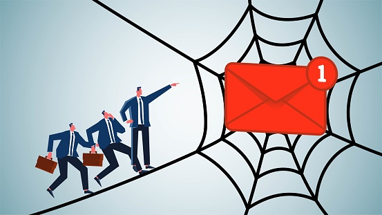 Mail and traps, spam, phishing emails, marketing pitches, businessmen walking on cobwebs and looking uncertainly at cobwebbed email messages