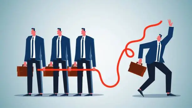 Vector illustration of Disengagement from the organization or team, dissatisfaction with the team or organization, the businessman throws away the rope that connects the team members and leaves on his own