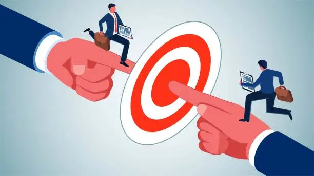 Vector illustration of Common goals and tasks, team business goals, teamwork, same mission or challenge, equidistant two businessmen running to the same bull's-eye under the guidance of their finger