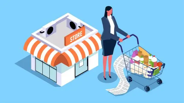 Vector illustration of Increased cost of living, daily household shopping and expenses, household finances, isometric businesswoman pushing a shopping cart full of goods standing next to a convenience store