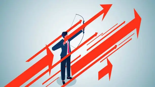 Vector illustration of Advancement in career or business development, drive or ambition, rate of interest, interest, increase in income or profit, aiming at a goal, attainment of a goal or achievement, a businessman holding a bow and arrow and shooting at growing arrows