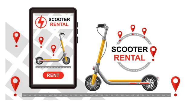 Vector illustration of Electric kick scooter rental, online rent push e-scooter motorbike mobile phone app. Electro motor bike city sharing service. Motorcycle transport GPS route tracking. Parking station location. Vector