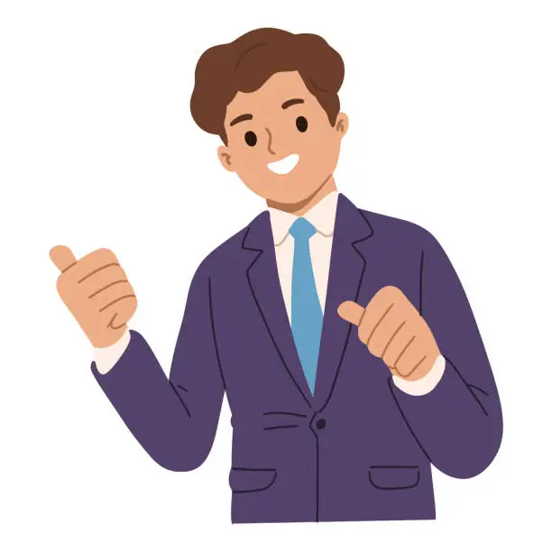 Vector illustration of The young businessman pointed politely with his thumb