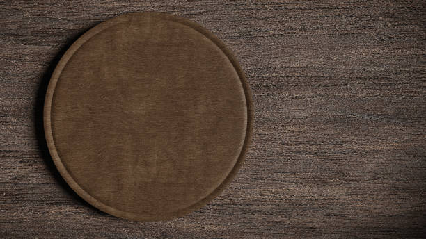 Empty wooden food plate on a table - top view. Template design. Digital 3d illustration (rendering)