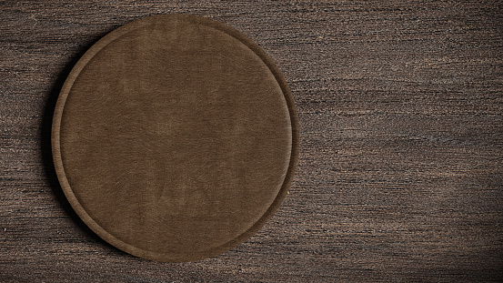 Empty wooden food plate on a table - top view. Template design. Digital 3d illustration (rendering)